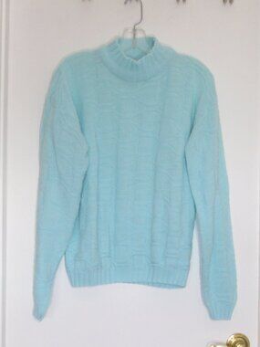 80s Spunky USA Sweater Aqua Blue Vintage Lightweight Pull On Mock Neck Size L
